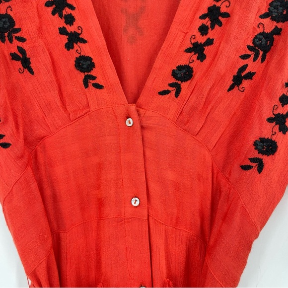 Free People Love to Love You Reddish Orange Embroidered Button-Up Midi Dress - Picture 4 of 16